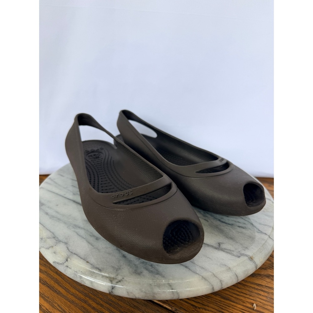 Crocs Peep Toe Slingback Flats Espresso Brown Women's Size 8 Summer Comfort